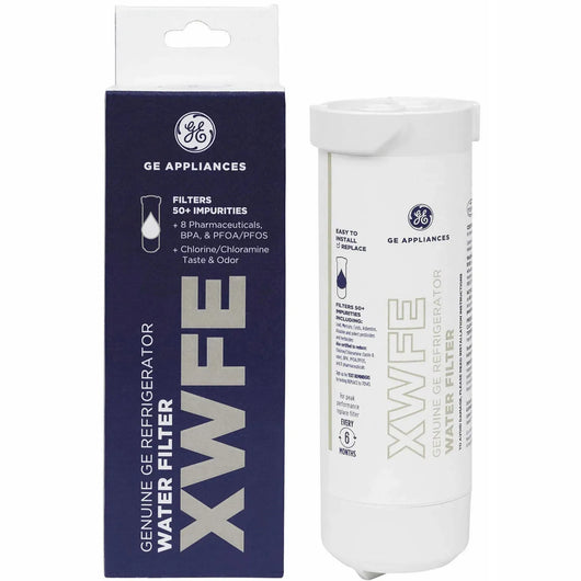 GE Appliances XWFE genuine refrigerator water filter shown next to its dark navy blue retail box on a white background.