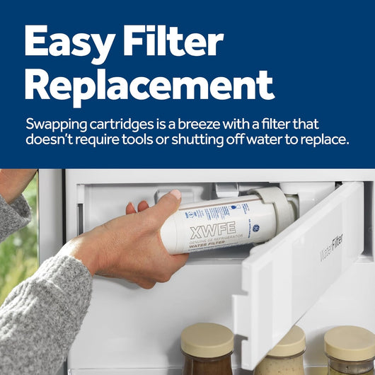 Person replacing a water filter cartridge in a refrigerator with text about easy filter replacement.