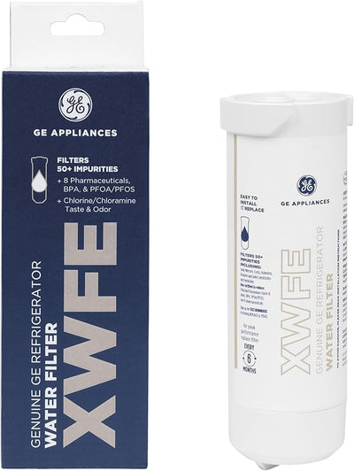 GE Appliances water filter packaging and filter cartridge on a white background