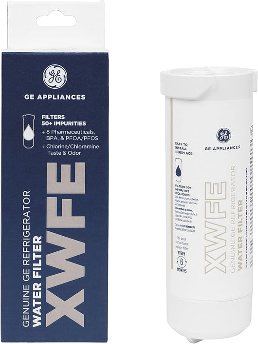 GE Appliances water filter packaging and filter cartridge on a white background