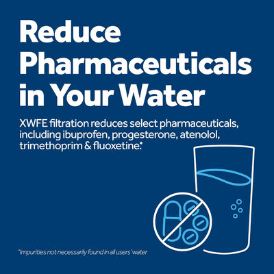 Advertisement for water filtration system with text about reducing pharmaceuticals in water on a blue background.