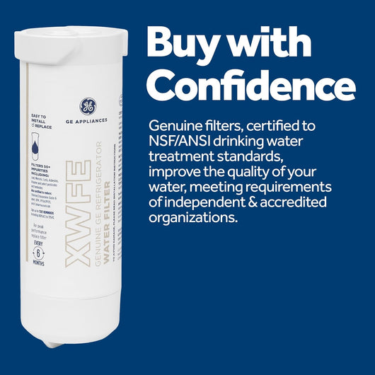 GE water filter cartridge with certification text on a blue background