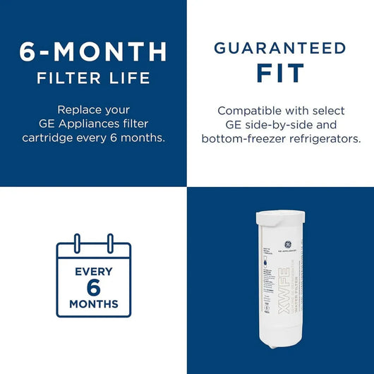 Advertisement for GE appliance filter with 6-month filter life and guaranteed fit information.