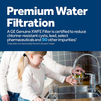 Child and adult at a kitchen sink with GE water filter, text about premium water filtration.