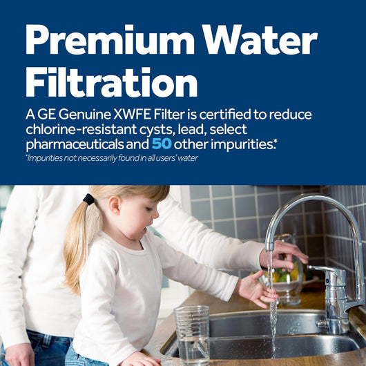 Child and adult at a kitchen sink with GE water filter, text about premium water filtration.
