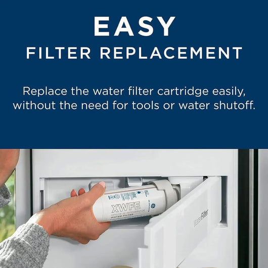 Person replacing a water filter cartridge in a refrigerator with text about easy filter replacement.
