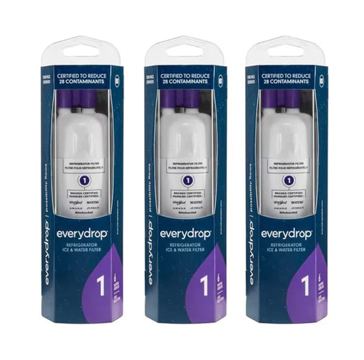 Three 'everydrop' refrigerator water filter packages on a white background