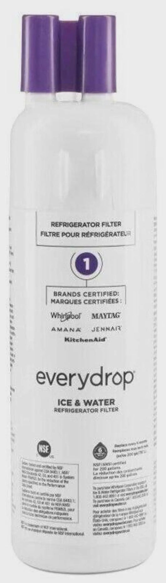 Everydrop refrigerator filter with purple cap on a white background