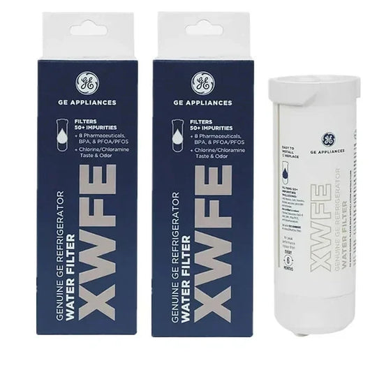 Two GE Appliances XWFE genuine GE refrigerator water filters in dark blue retail boxes next to one white cylindrical filter canister on a white background.