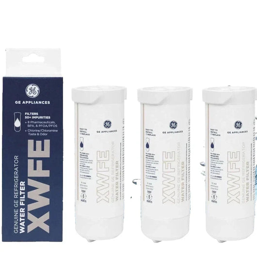 GE Appliances water filter cartridges with packaging on a white background